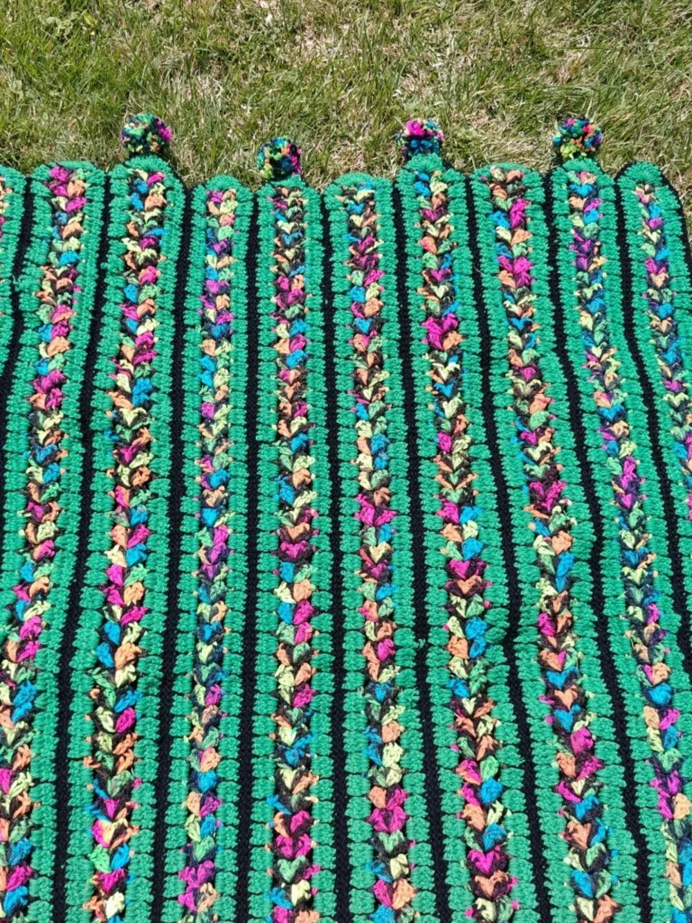 Vintage Handmade Crochet Afghan Throw Blanket Green Multicolor Striped Pom-Pom